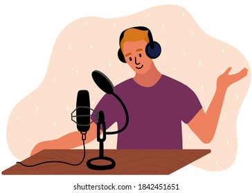 Blond man in purple t shirt is doing live podcast. Male podcaster talking to microphone recording voice in studio. Vector illustration in flat style