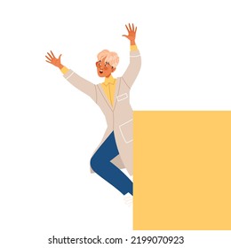 Blond Man Scientist Running with Raised Hands Conducting Scientific Research Vector Illustration