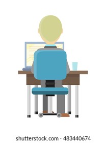 Blond man sitting at a desk and working on the computer, back view. Workplace, make money online, e-business, e-learning, concept. Man busy working on laptop computer. Vector illustration in flat.