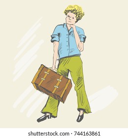 A blond man is standing on a ground. People thought about a direction of a road. A teenager is holding a suitcase in his hand and waiting for someone. A boy is dressed in a blue shirt and green pants