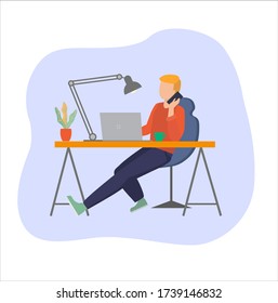 blond man at the table with phone, worker with laptop, manager work at home/ office, flat worker vector character EPS 10