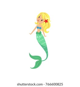 Blond mermaid girl with long fish tail and shell bra. Cartoon mythical creature from underwater world. Marine life. Colorful flat vector illustration