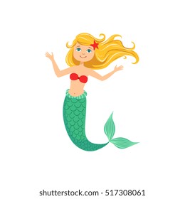 Blond Mermaid In Red Swimsuit Top Bra And Starfish In Hair Fairy-Tale Fantastic Creature Illustration