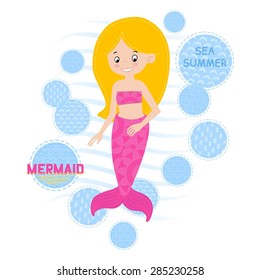 Blond Mermaid surrounded by air bubbles vector illustration, T-shirt girl design
