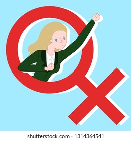 A blond office lady post like superhero on woman symbol. For International Woman's Day.
