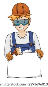Blond painter man with hard hat, safety glasses, gloves and bib overalls, holding a blank sign.  Template design in cartoon style on white background.