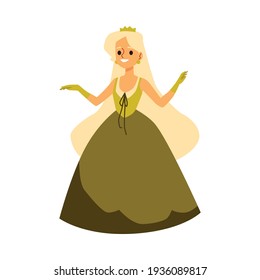 Blond princess character in dress and crown flat vector illustration isolated.