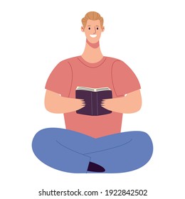 blond reader man reading book seated in lotus position character vector illustration design