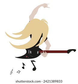 A blond rocker plays a guitar solo. Flying notes lift the musician up, abstraction