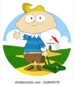 Blond school boy standing and wave in front of the school holding green bag in one hand.