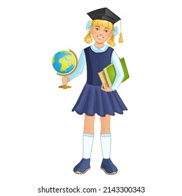 Blond schoolgirl with globe and books, vector illustration isolated on white