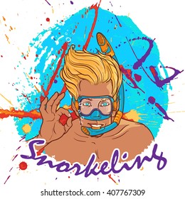 Blond smiling boy with snorkel and diving mask showing OK sign. Grunge background with colorful paint spots and splashes. Snorkeling card. EPS10 vector illustration.