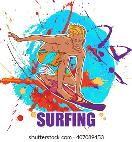 Blond smiling surfer in shorts riding a wave on a surfboard. Grunge abstract background. EPS10 vector illustration.