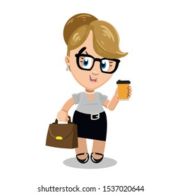 Blond spectacled pretty businesswoman, translator, accountant, economist, secretary standing and smiling. Young woman keeping handbag and cup of coffee. Cartoon vector illustration isolated on white.