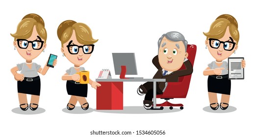 Blond spectacled secretary spending time at work. Pretty young lady standing akimbo, keeping smartphone, pointing to clipboard with info, carrying coffee to chief. Vector cartoon set on white.