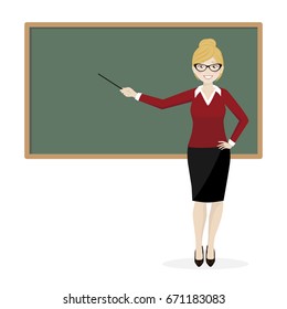 The blond teacher explaining at the blackboard