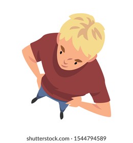 Blond Teenage Boy Character Standing with Hands on His Waist, View from Above Vector Illustration