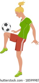 Blond teenage girl playing soccer, kicking a football with her knee, vector illustration