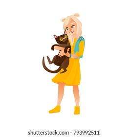 Blond teenage girl standing and holding black cat, smiling happily, flat cartoon vector illustration isolated on white background. Full length portrait of teen smiling girl holding a big black cat