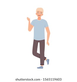 Blond Teenager Boy Stands Waving With Hand Flat Vector Illustration