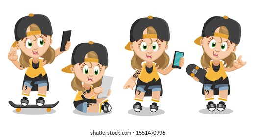 Blond teenager in cap using devices and practicing skateboarding. Unfeminine girl taking selfie, sitting with tablet, keeping smartphone, showing hard rock gesture. Vector cartoon isolated on white.