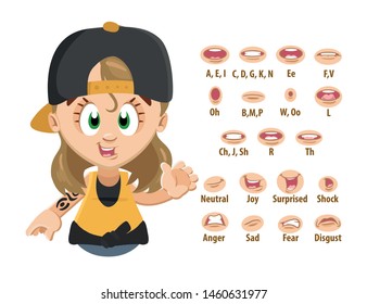 Blond tomboyish girl, student, skater in cap shows to set of mouth, teeth positions. Lip sync emotions collection. Can be used for animation. Cartoon vector illustration isolated on white.