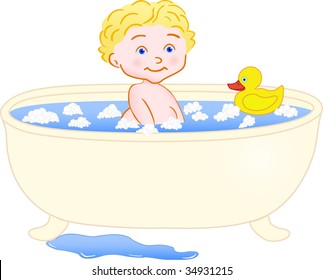 The Blond tot bathes in bath.