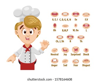 Blond woman, baker, chef in cook cap shows to set of mouth, teeth positions. Lip sync emotions collection. Can be used for animation. Cartoon vector illustration isolated on white background.
