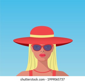 Blond woman in big hat. Vector illustration. EPS10.
