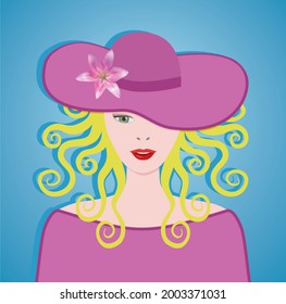 Blond woman with big purple hat and curly hair. Vector illustration.