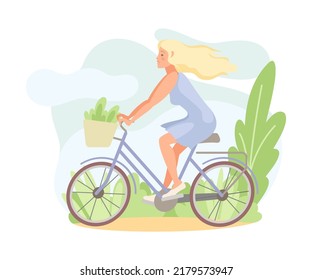 Blond Woman in Blue Dress Riding Bicycle with Basket in Hot Summer Day Vector Illustration