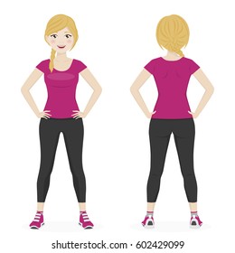 Blond woman with a braid playing sport with pink and black sportswear