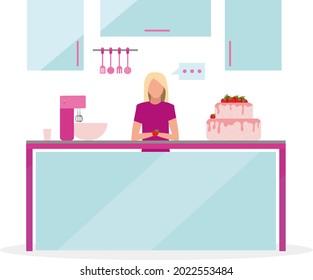 Blond woman broadcasting cooking show semi flat color vector character. Full body person on white. Baking strawberry cake isolated modern cartoon style illustration for graphic design and animation