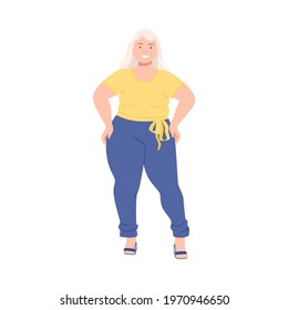 Blond Woman Character with Corpulent Body on High Heels in Standing Pose Full Length Vector Illustration