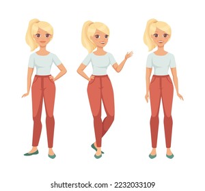 Blond Woman Character with Ponytail tail Wear Red Pants in Standing Pose Vector Set