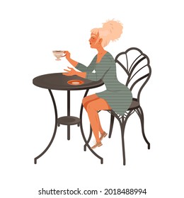Blond Woman Coffee Lover Sitting at Table Drinking Hot Aromatic Beverage Vector Illustration