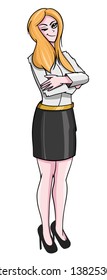 Blond woman, confident office worker standing with her arms crossed and winking. Dressed in black skirt, black heels and white shirt