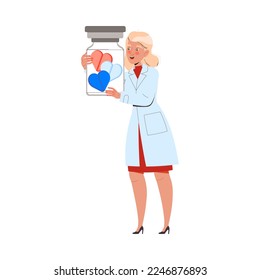 Blond Woman Doctor or Practitioner in Uniform Holding Glass Jar with Heart Pills and Tablets Vector Illustration