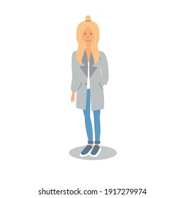 Blond woman dressed in trendy clothes. Female cartoon character isolated on white background. Flat colored vector illustration
