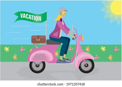 Blond woman driving pink scooter. Luggage and flag with text vacation. Vector illustration.