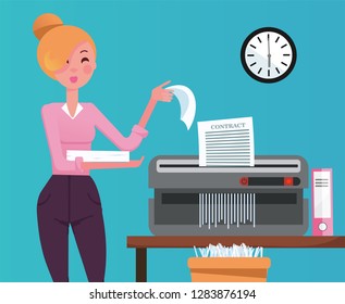 Blond Woman employee shredding the pile of paper documents in small table shedder. The shredded paper enters the recycle bin. Flat cartoon vector illustration