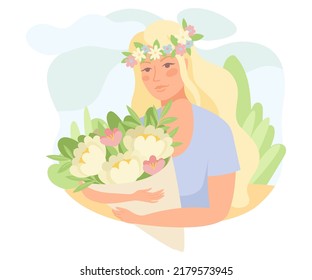 Blond Woman with Floral Wreath on Head Holding Flower Bouquet Vector Illustration