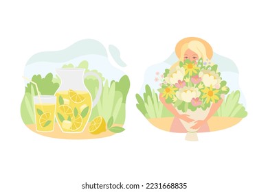 Blond Woman with Flower Bouquet and Jug with Lemonade Vector Set