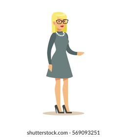 Blond Woman In Glasses In Grey Dress, Part Of Office Workers Series Of Cartoon Characters In Official Clothing