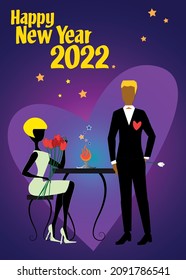 A blond woman in gray dress and black shoes, sitting at a table, holding flowers and drinking cocktails is talking to her boyfriend in black suit during the 2022 New Year party