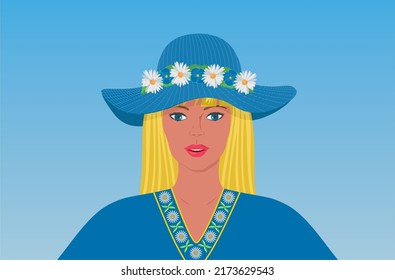 Blond woman in hat, embrodery Swedish old design and daisys on hat. Vector illustration.
