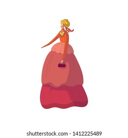 Blond woman in a long red dress with a handbag in her hands. Vector illustration on white background.