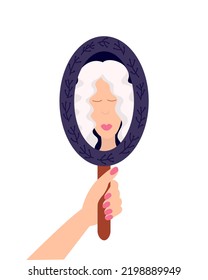 Blond Woman Looking In Mirror Flat Style Illustration. Womanm Holding Hand Mirror And Looking In It.