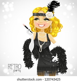 Blond woman in necklet with mouthpiece on white Retro party card