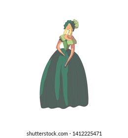 Blond woman in an old-fashioned long green dress and hat. Vector illustration on white background.